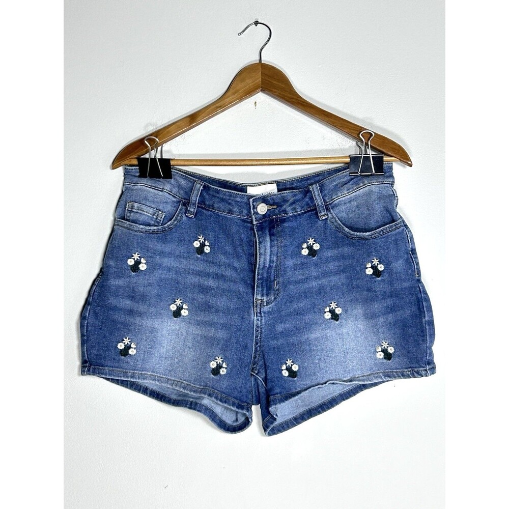 Poppy & Grace Denim Shorts Womens 30 Embroidered Floral Daisy Mid Rise Stretch